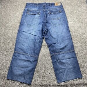 Rocawear Mens Baggy Wide Leg Jeans Blue Medium Wash Frayed Hem Embroidered 38x26